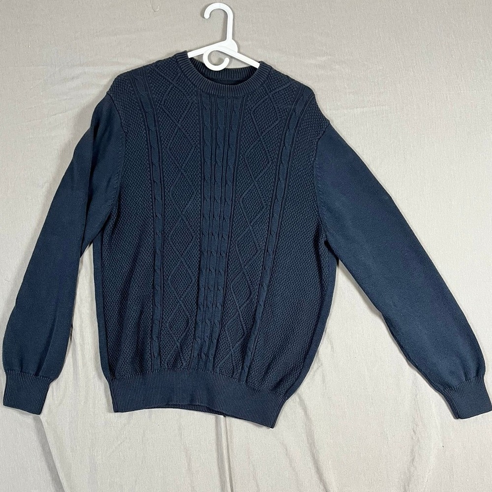 David Taylor Sweater Mens L Pullover Navy Blue Cable Knit Cotton EUC